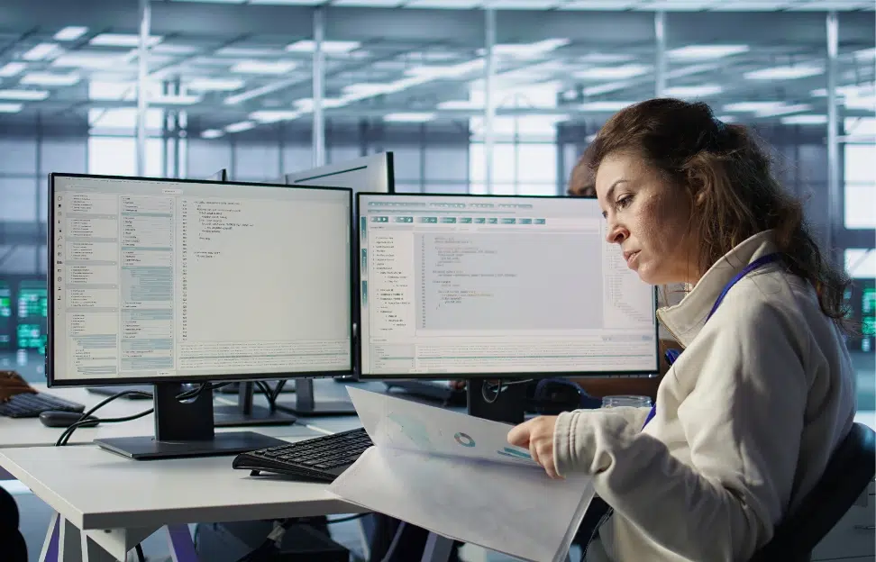 employee-overseeing-server-room-reading-documentation-paperwork