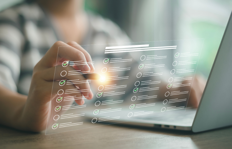 businesswomen-tick-mark-assessment-questionnaire-evaluation-online-survey-online-exam-choose-right-answer-exam-filling-out-online-survey-form-answer-test-questions-concept