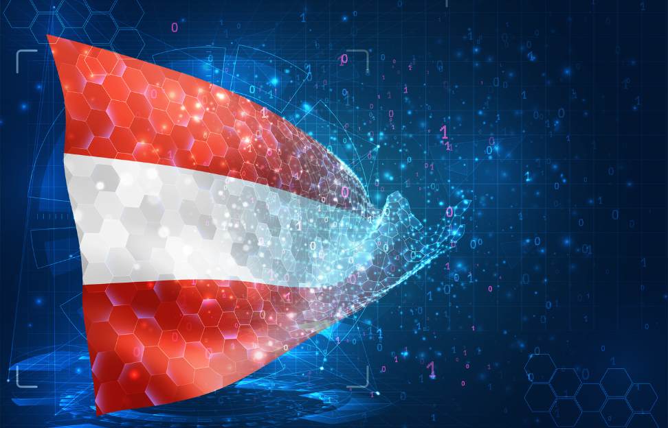 Austria vector flag virtual abstract 3d object from triangular polygons on a blue background