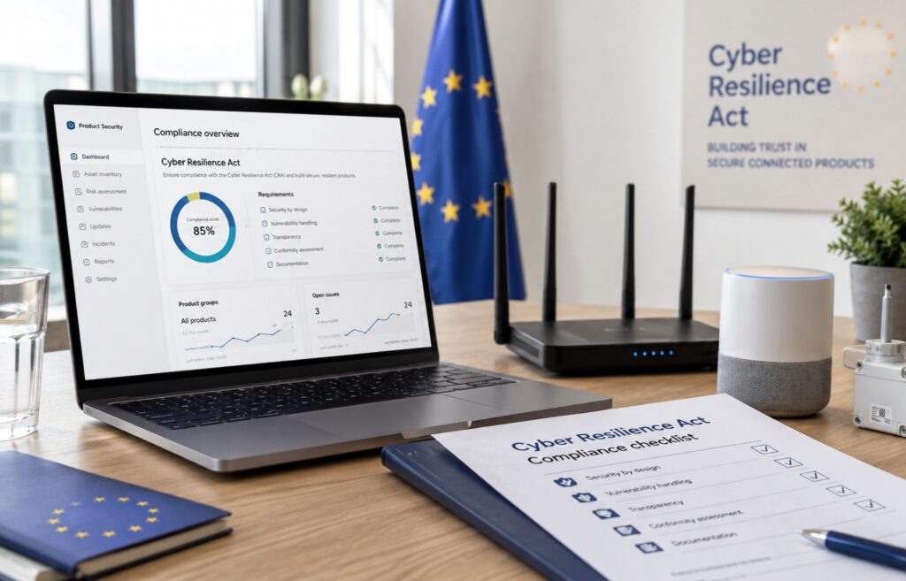 Pracovní stůl s notebookem, routerem a chytrými zařízeními k tématu Cyber Resilience Act a bezpečnosti digitálních produktů.