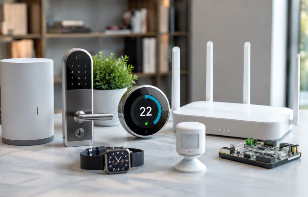 Smart devices, a router, and digital products illustrating the topic of the Cyber Resilience Act.