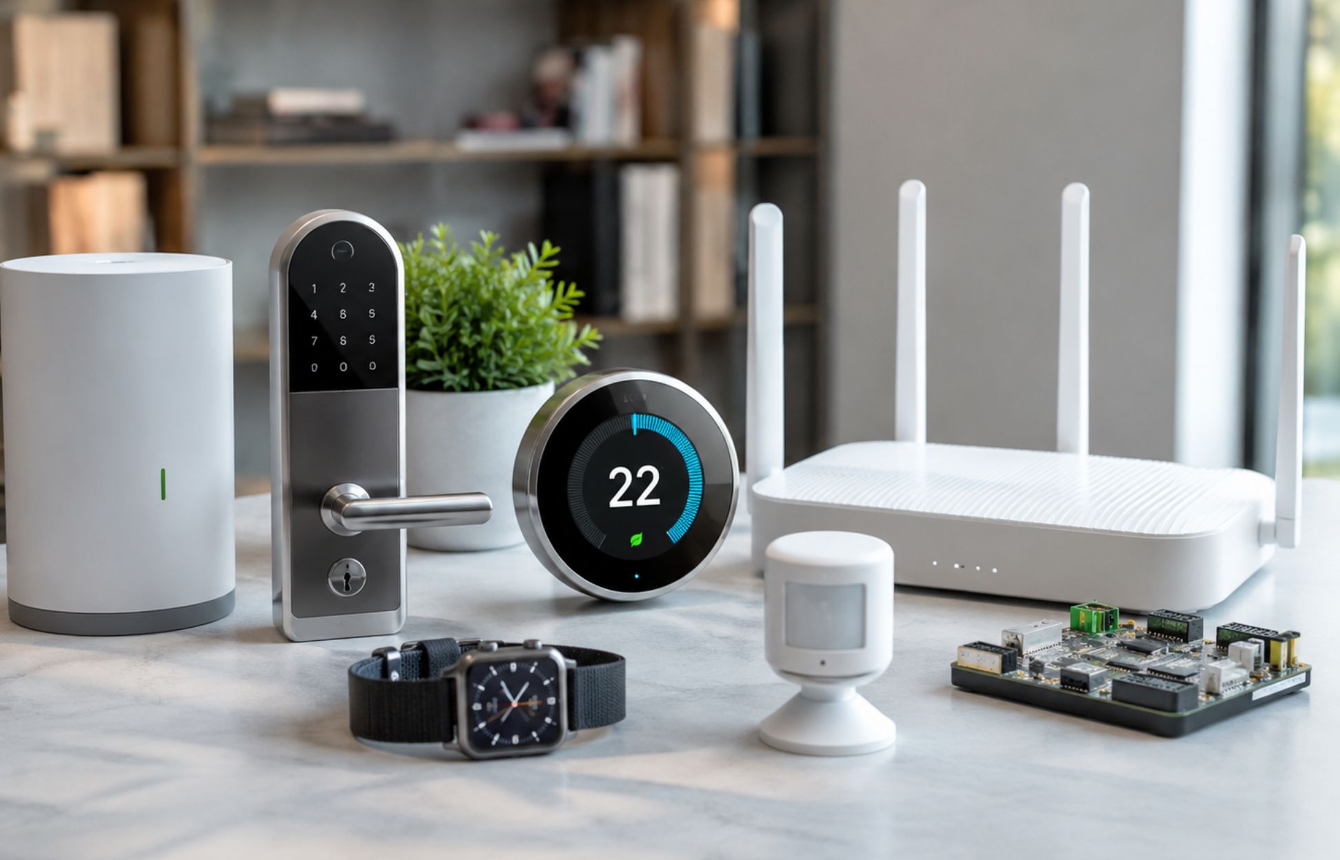 Chytrá zařízení, router a digitální produkty jako ukázka tématu Cyber Resilience Act.