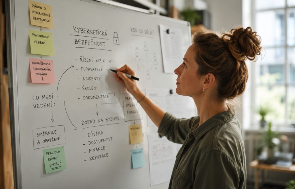 Žena u whiteboardu připravuje přehled povinností vedení firmy v oblasti kybernetické bezpečnosti podle nového zákona.