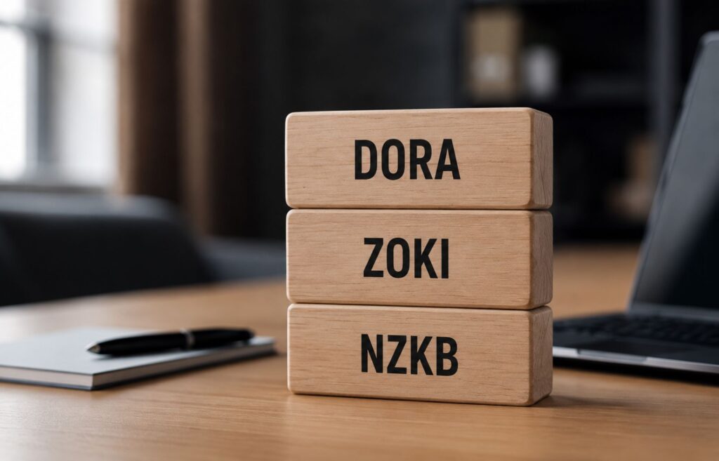 Dřevěné bloky s označením DORA, ZOKI a NZKB jako symbol regulací v kybernetické bezpečnosti.