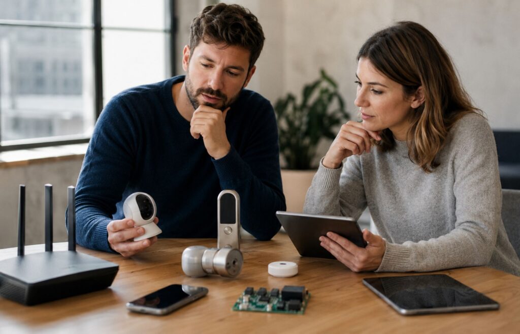 Dva lidé v kanceláři posuzují produkty s digitálními prvky, jako jsou router, bezpečnostní kamera, chytrý zámek, tablet a další připojená zařízení.